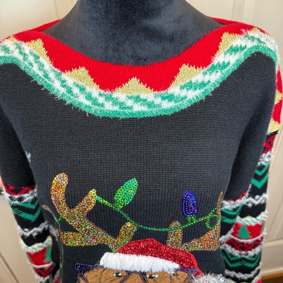 33 Degrees Christmas Sweater Sz XS Brown Dog Graphic Ugly Sequins Jingle - Picture 13 of 14